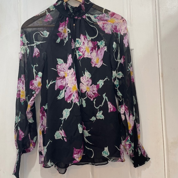 A.L.C. Venetia Black Silk Floral Long Sheer Sleeve Blouse Size 0